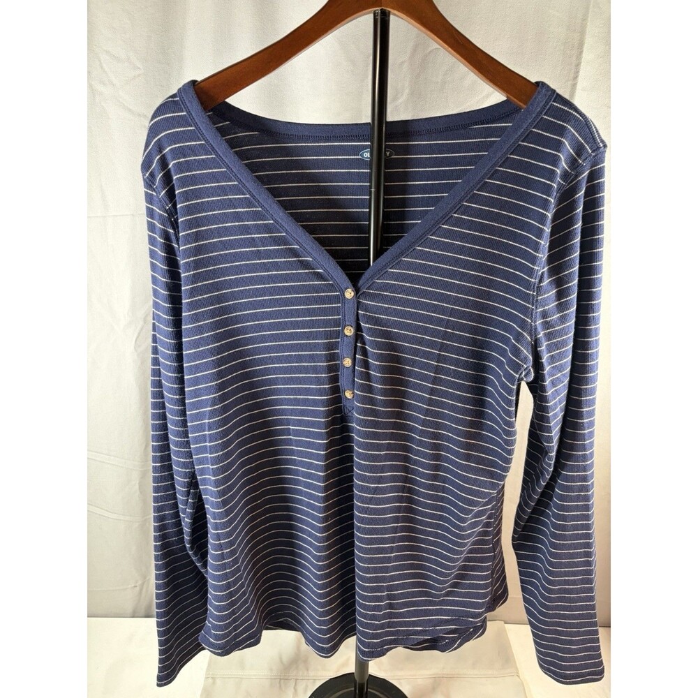 Old Navy Ladies Rib Knit XL Henley Long Sleeve Top Blue/White Stripe